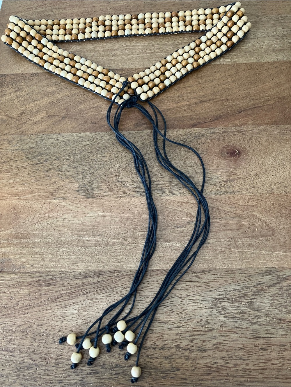 Beaded Wooden Belt  with Black Cord